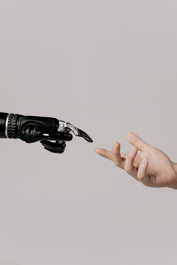 team-01 A human hand reaching to touch a bionic prosthetic hand on a white background.