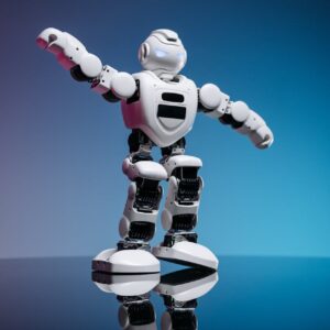 A futuristic white robot toy standing on a reflective surface with a gradient background.