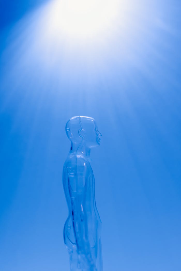 team-02 A transparent human figure under a bright blue light creating a futuristic ambiance.